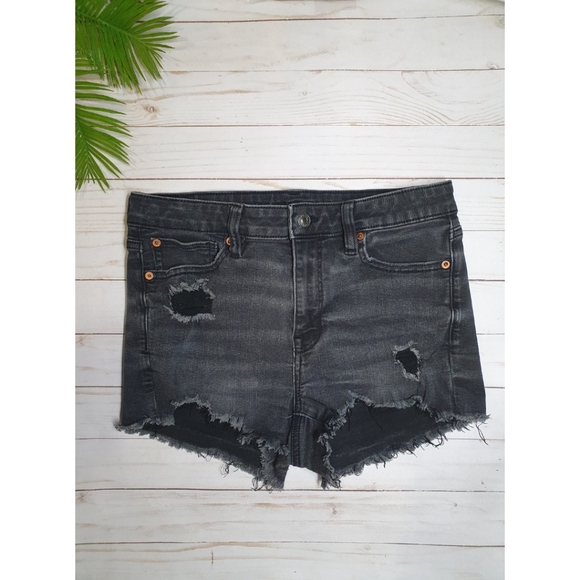 American Eagle High Rise Shortie Distressed Denim Shorts, Black, Women's Size 8 - Picture 4 of 15